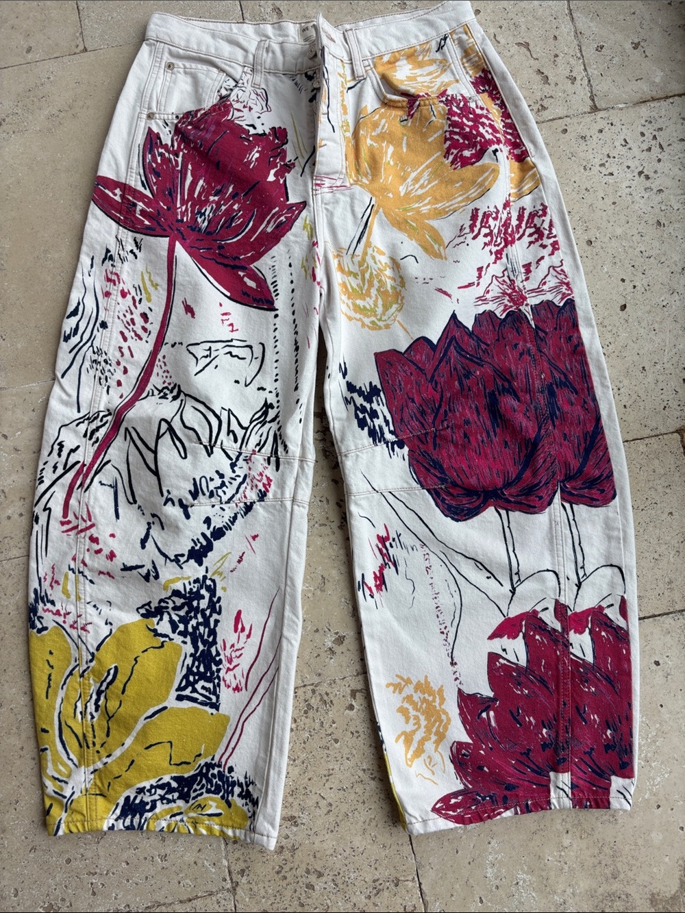 We The Free Good Luck barrel jeans  with Burgundy & Mustard Floral Print